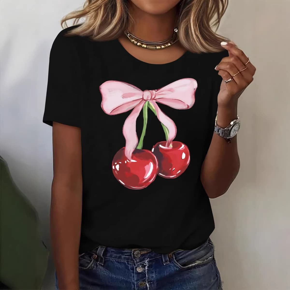 EU Size Cross-Border Pure Cotton Pink Bow Cherry Personality Style T-Shirt Pure Cotton Round Neck Short Sleeve Trendy Women's Top