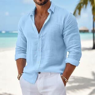 American Casual Long Sleeve Shirt for Men, Cotton-Linen Blend Notched Collar Shirt, Source Factory Custom Shirt