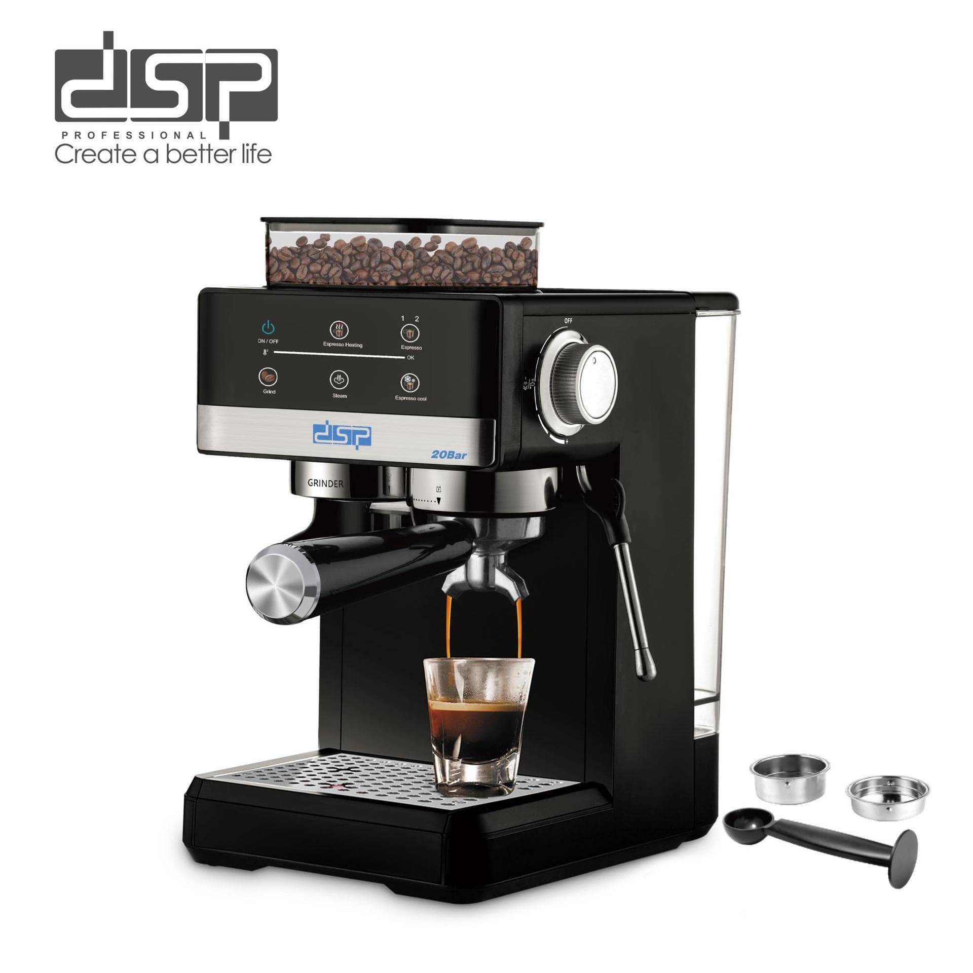 DSP/Dansong Semi-Automatic Coffee Machine for Home Kitchen, Small Size with Milk Frother and Grinder Integrated, Concentrated Italian Style, Ins Aesthetic