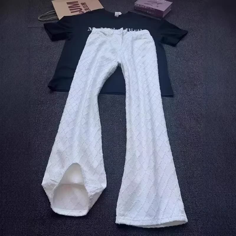 Cross-Border 2026 White Diamond-Patterned Tassel Curved Jeans Men's Autumn High Street Pants Straight-Leg Flared Long Pants