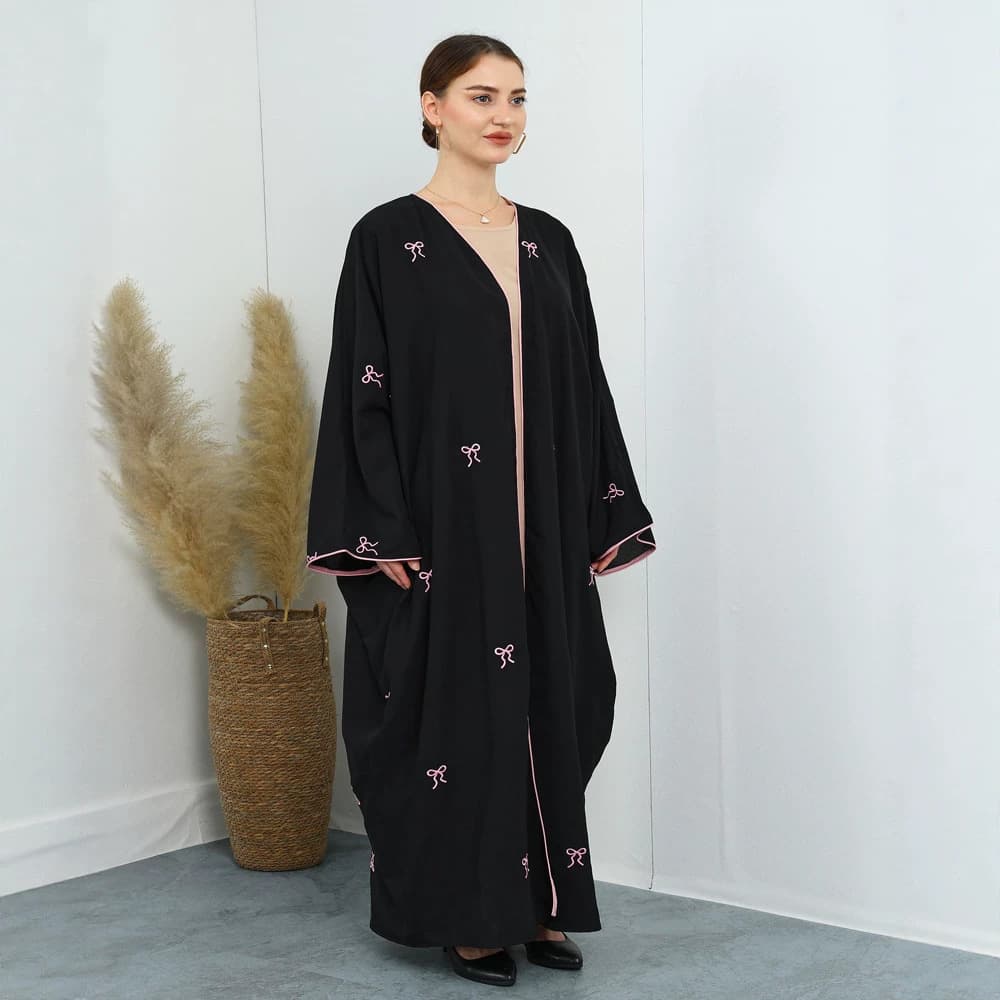 F439 Foreign Trade Cross-Border Women's Clothing Bow Embroidered Cardigan Long Dress Fashionable Loose Embroidered Batwing Sleeve Dress