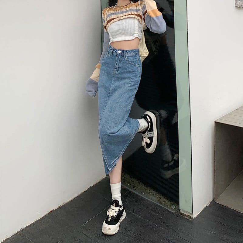 High-waist Split Denim Skirt for Women Spring Summer 2024 New Style, Flattering and Slimming A-line Bodycon Skirt