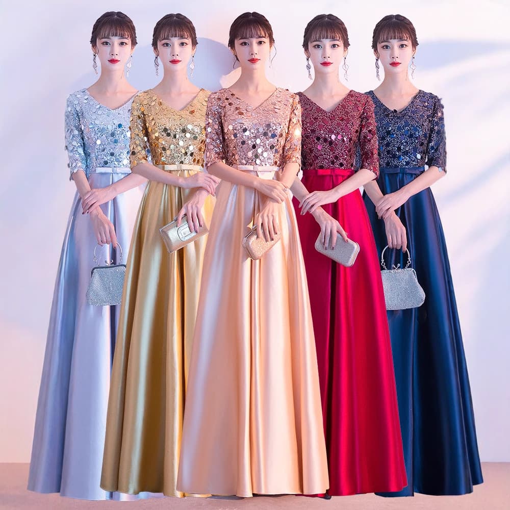 Gold Dress Women 2025 New Choir Performance Host Long Dress Red Song Choir Competition Outfit Elegant