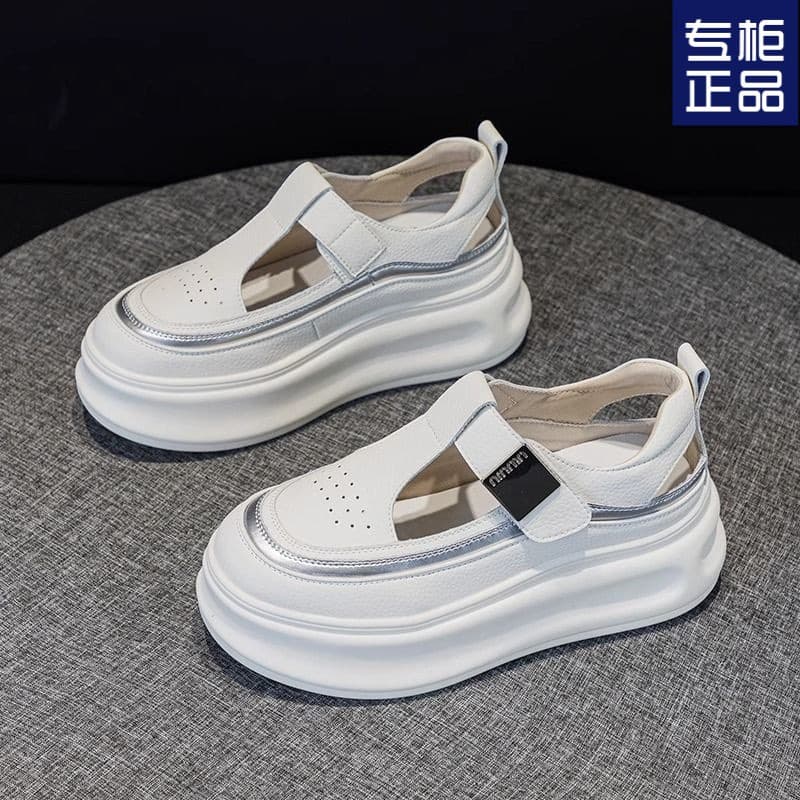 Mesh openwork casual white sneakers, 2025 summer new style, breathable, height-increasing, Velcro thick sole, versatile sneakers