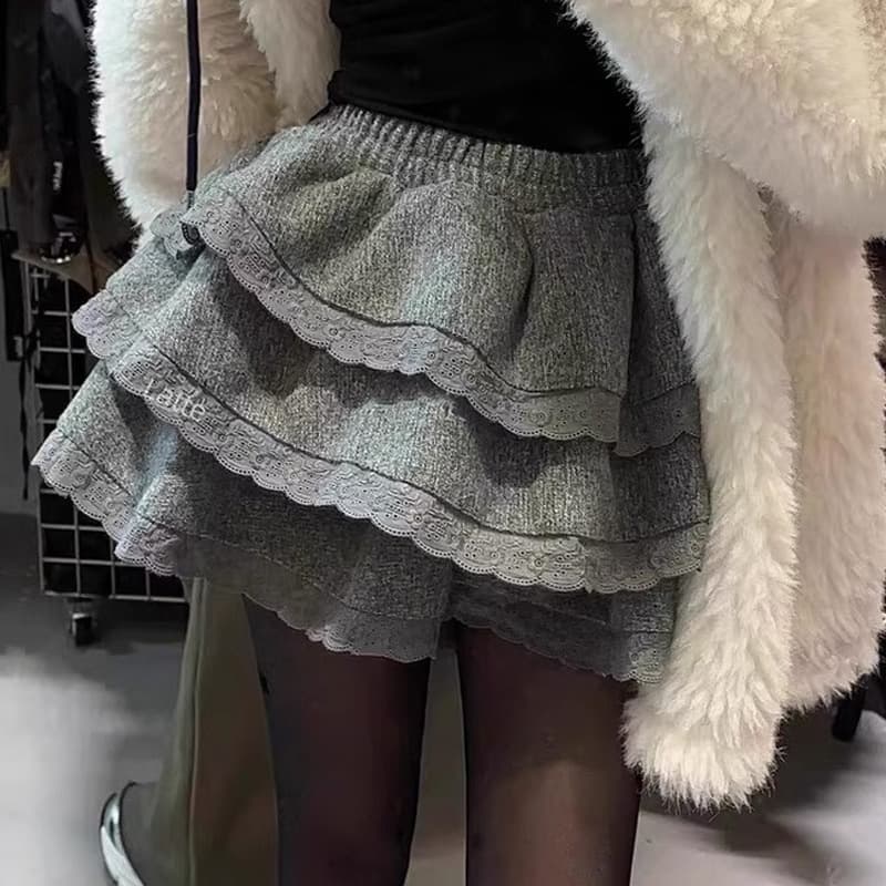 Korea Dongdaemun 2026 Autumn and Winter Heavy Industry Hot Girl High Waist Elastic Multi-layer Puffy Lace A-line Short Skirt for Women