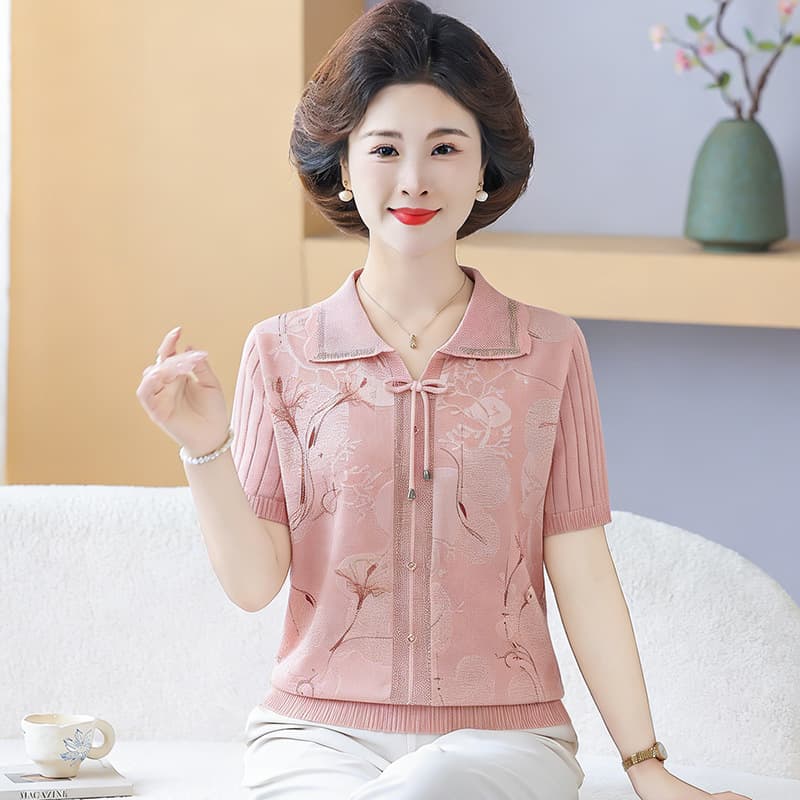 Mother's Spring Short Sleeve T-Shirt for Women 50s 60s, Fashionable Loose Fit Plus Size Ice Silk Blouse