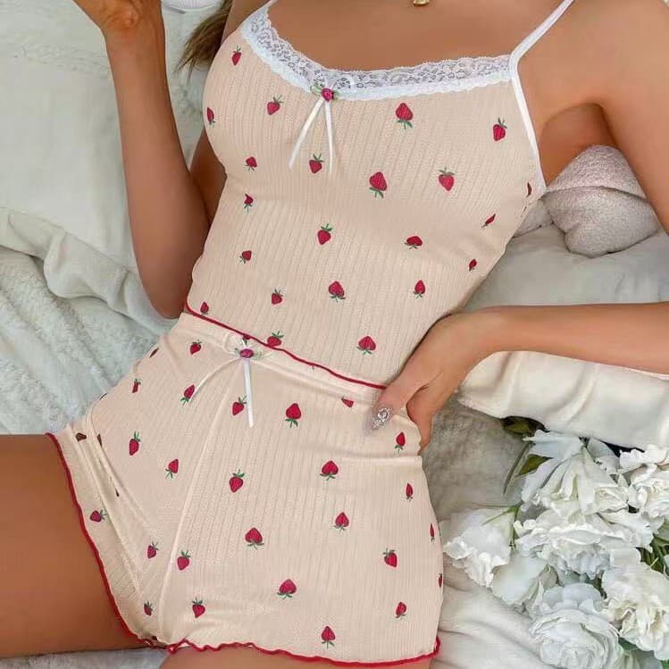 New Printed Deep Ribbed Women's Bow Camisole and Shorts Strawberry Print Two-Piece Set with Lace Trim