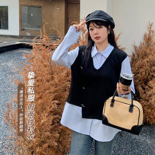Shuangtian Plus Size Women's Slimming Design Two-Piece Vest Shirt Dress Polo Neck Long Sleeve Top 8693