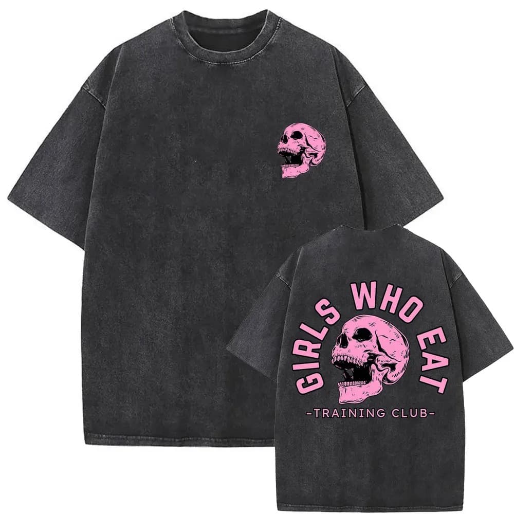 Girls Eat Training Club Skeleton Gym Pump Cap T-Shirt Washed Vintage Men Women Funny Fitness