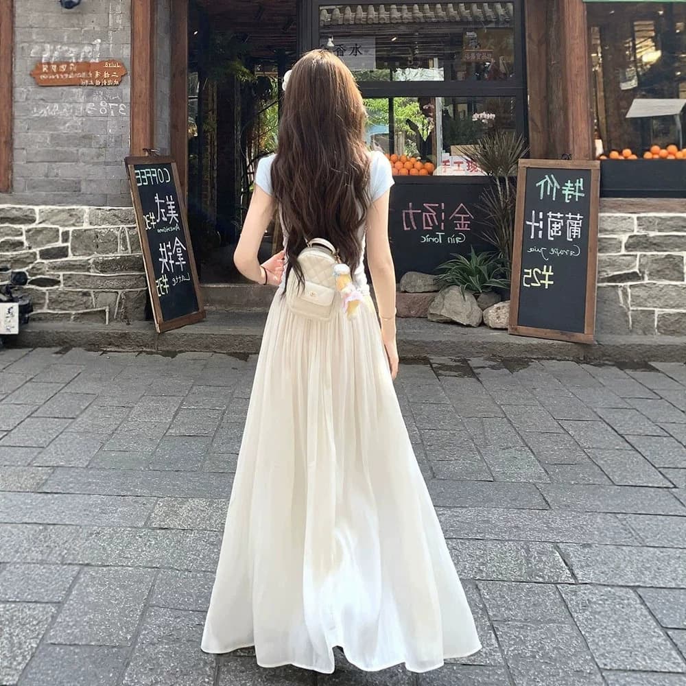 Apricot Fairy Flowing Gauze High-Waist A-Line Skirt for Women Summer Elastic Waist Loose Versatile Slimming Long Skirt