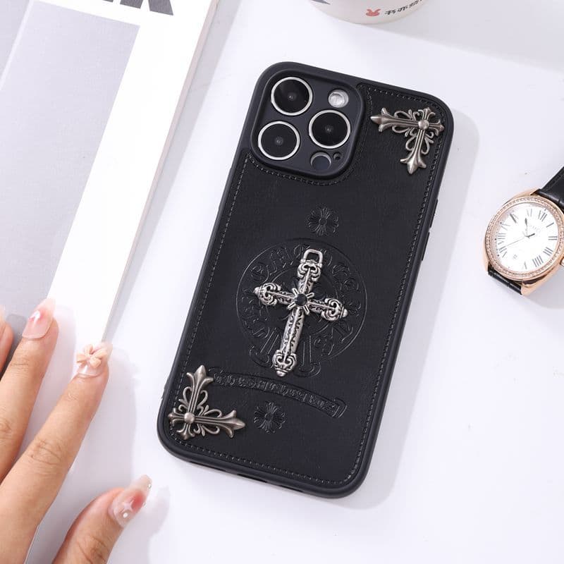 Chrome Hearts Leather Black 3D Apple Phone Case 16/17 Pro Max Cross iPhone 15 Personalized Men's