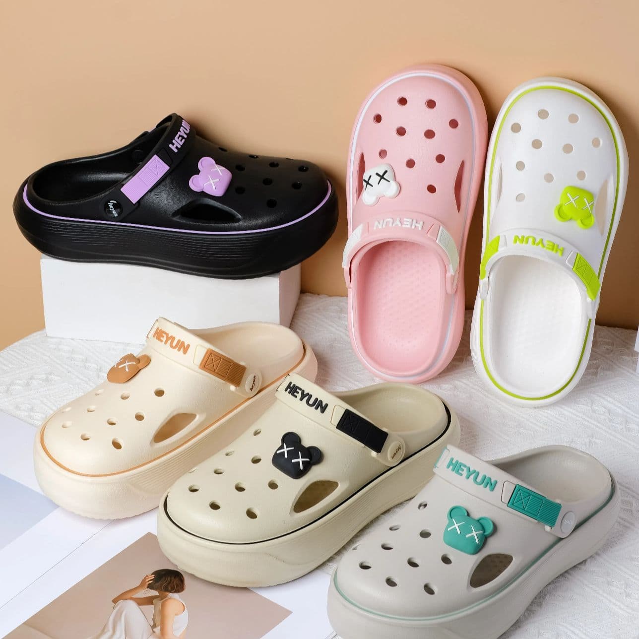 Step-in Mule Sandals for Women, Summer Closed-Toe Slippers with Lace-Up Heel, Girls' Beach Shoes, EVA Sandals Wholesale