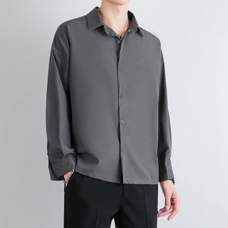 Summer Ice Silk Black Shirt for Men with Drapey Long Sleeves and No Ironing Loose Casual Handsome Gray Shirt for Boys