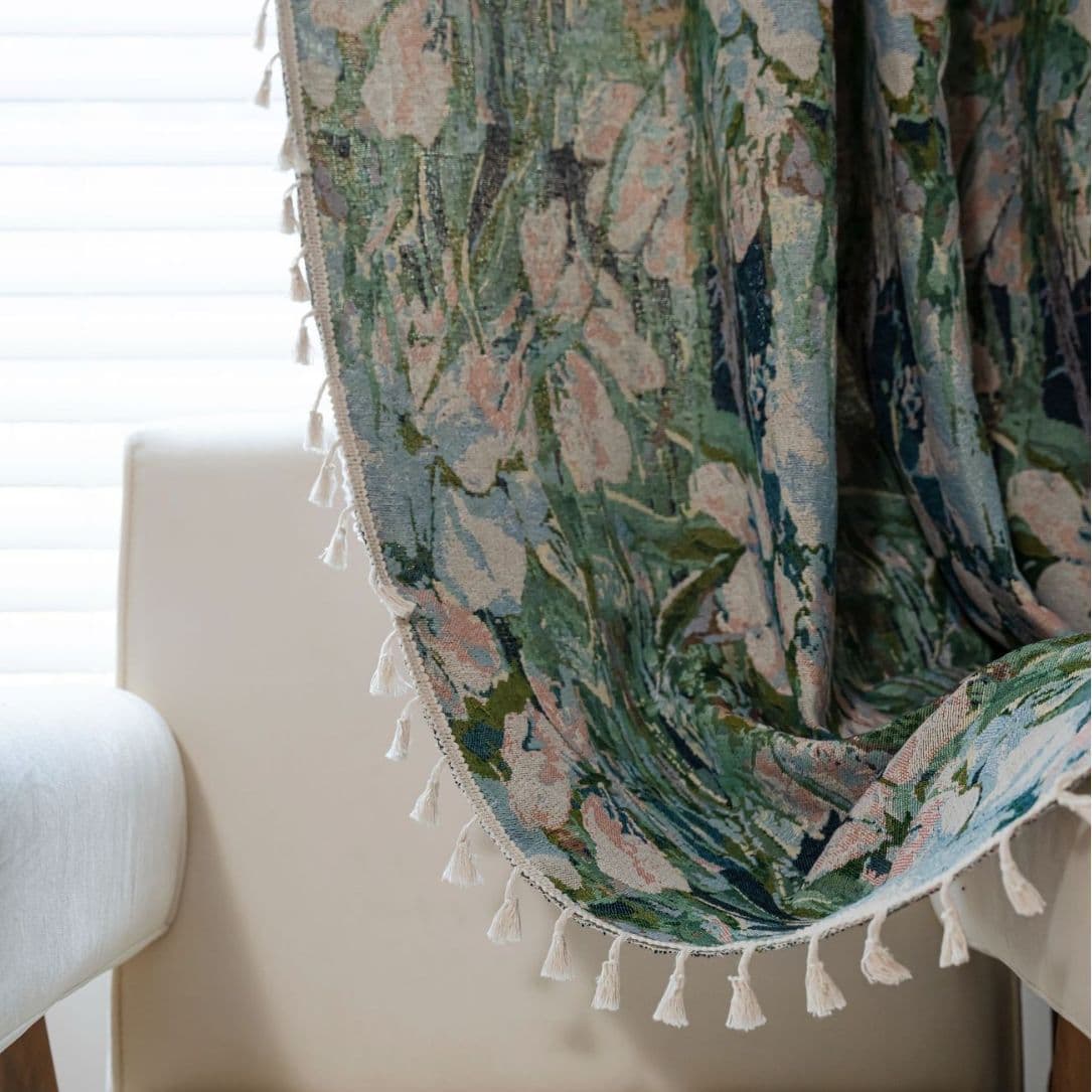 YMQY Embroidered Tassel Curtain Green Flower Kitchen Window Half-Shading Balcony Curtain American Style Cotton Polyester