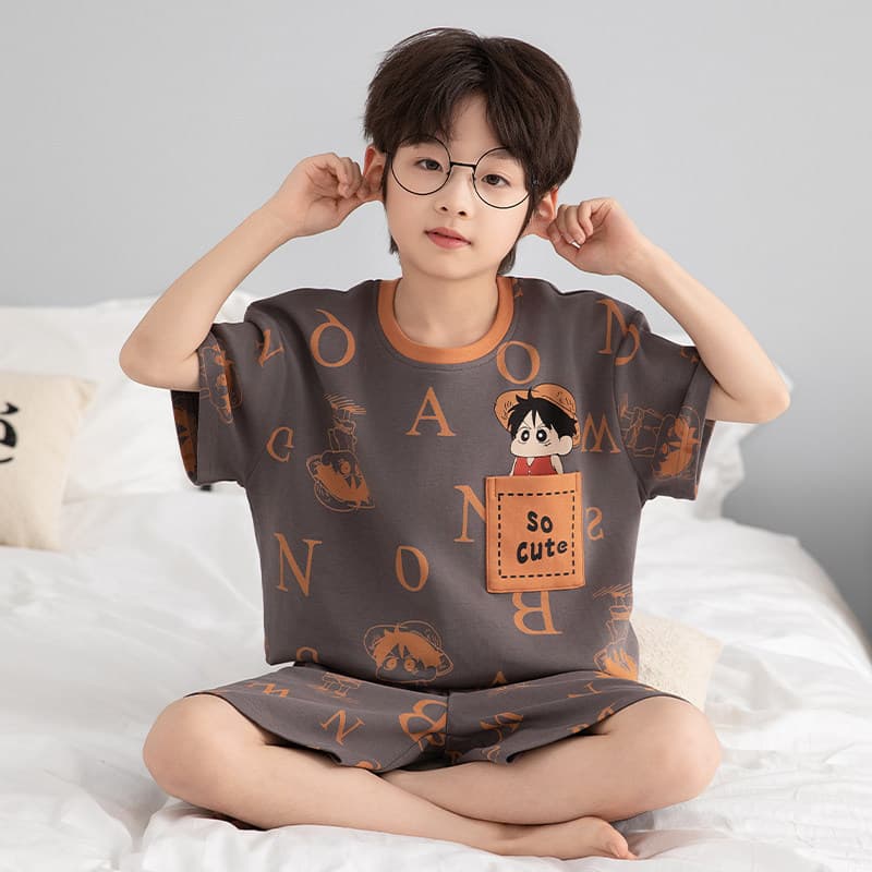 100% Pure Cotton Boys' Children's Pajamas, Boys' Summer Short-Sleeved Cute Cotton Home Clothes for Older Kids, 2026 New Model