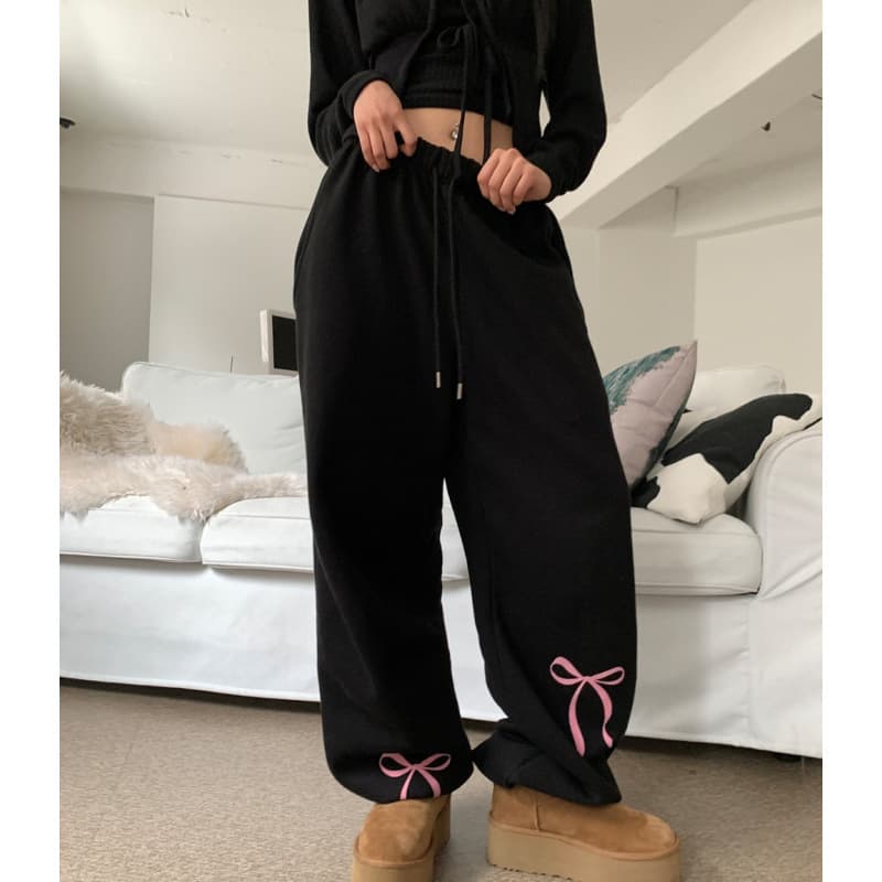 In Stock Autumn and Winter Tricolor ~ South Korea Dongdaemun Bow Printed Fleece-Lined Sports Pants Sweatpants Girls' Japanese Pants