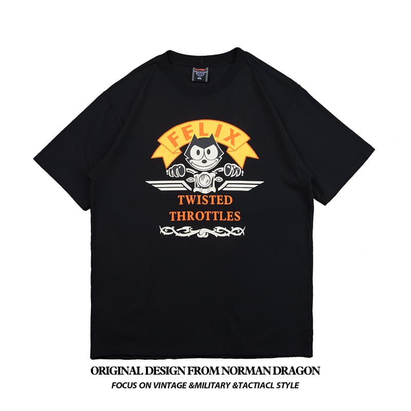Norman Dragon Military WWII Cartoon Print Felix the Cat Vintage Short Sleeve Crew Neck T-Shirt Unisex Trendy Retro