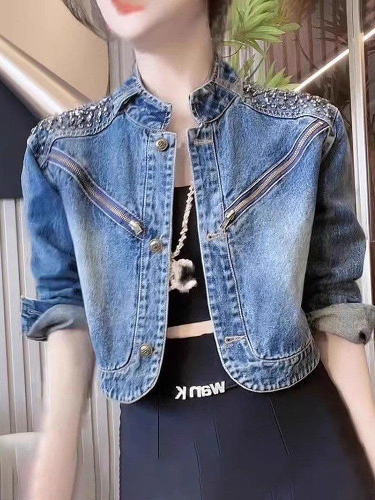 Simone Lainer Denim Short Jacket for Women 2025 New Autumn Style Stand Collar European Style with Rhinestones Petite Short Women's Jacket