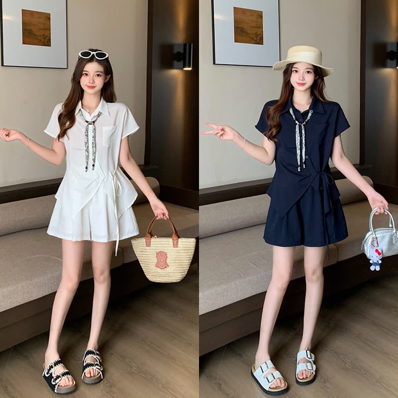 2026 Summer New Plus Size Women Korean Style Scarf Short Sleeve Shirt and Shorts Two-Piece Set