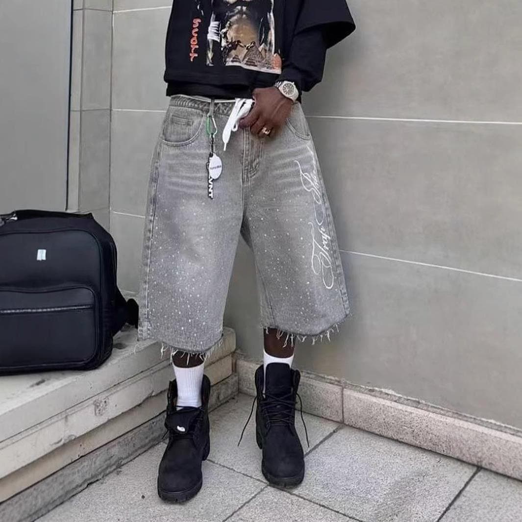 Cross-Border Temu Foreign Trade American Retro Washed Denim Shorts Unisex Straight Wide-Leg Loose Mid-Length Shorts Five-Point Shorts