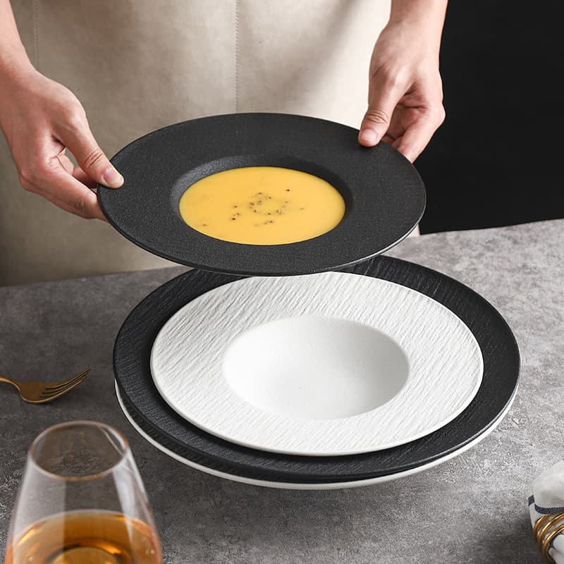 Japanese Ceramic Straw Hat Plate, Shallow Plate with Rock Grain, Western Dinner Plate, Pasta Plate, Soup Plate, High-End Tableware, Creative Salad Plate