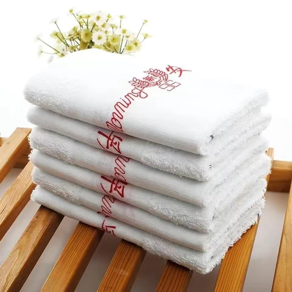 Labor protection white towel pure cotton Towel decoration new word 96 good morning towel wine hotel absorbent disposable towel wholesale