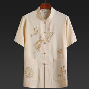 Middle-aged and Elderly Summer Tang Suit Men's Short-Sleeve Top, Grandpa's Chinese Style Embroidery Loose Dad's Plus Size Morning Exercise Hanfu