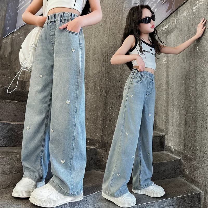 Girls' Pants Spring and Autumn 5 New Stylish Long Pants for Older Girls Spring Straight Wide-Leg Pants Children's Jeans