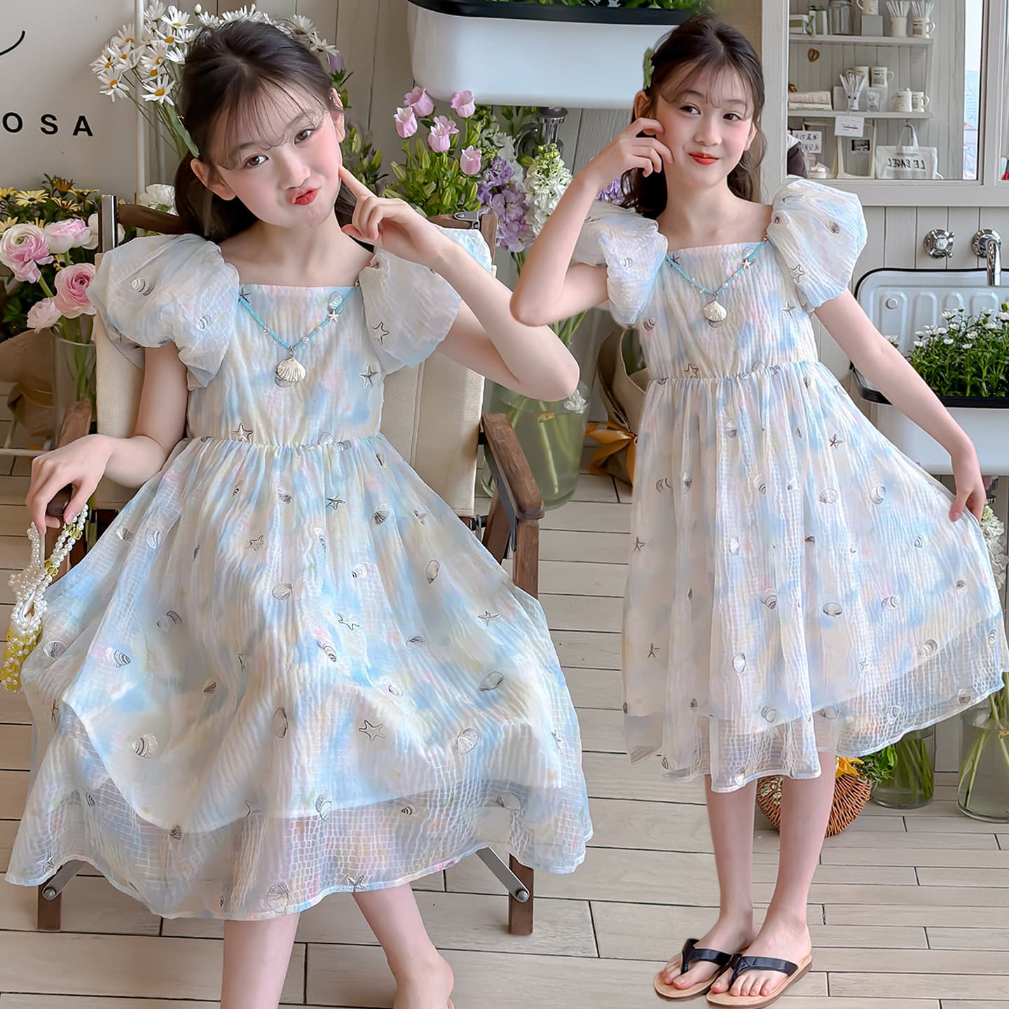 Girls' Floral Dress Summer 2026 New Korean Style Fashionable Princess Dress Children's Puff Sleeve Dress for Middle and Large Children