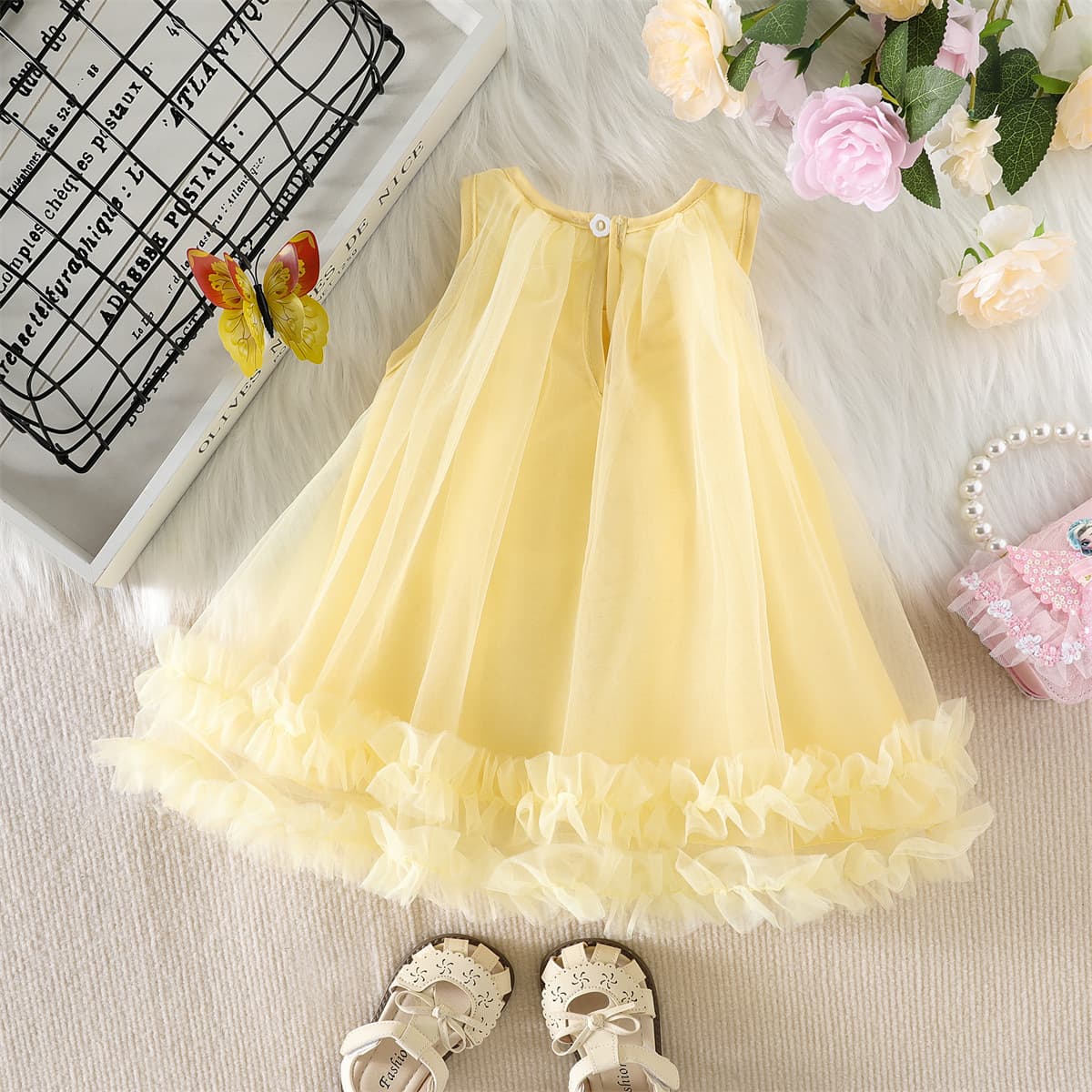 2026 Summer New Dress Two Chrysanthemum Sleeveless Round Neck Vest Dress Mesh Tulle Puffy Dress Fashionable Outing Children's Clothing