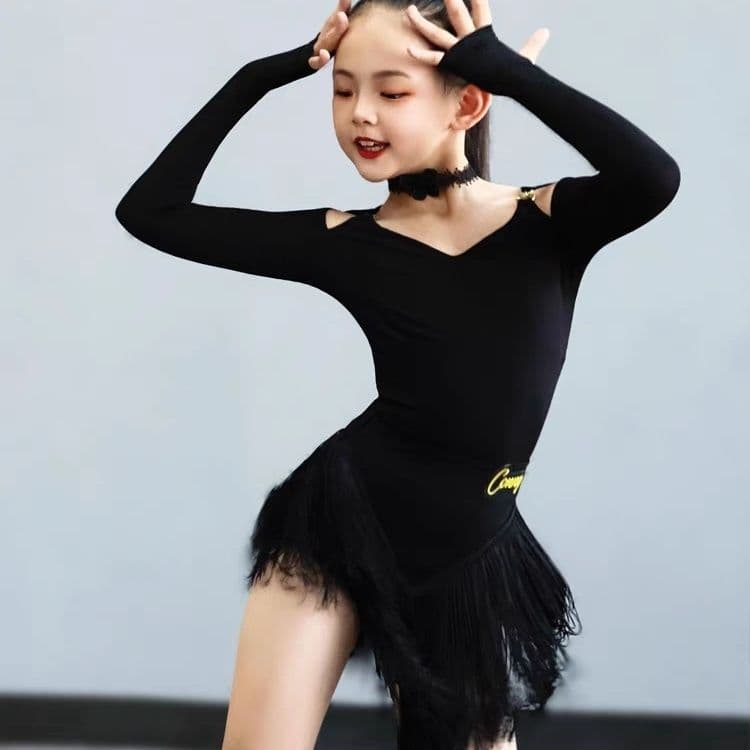 New Latin dance outfit for women, dance training bodysuit, long-sleeved fringe skirt, children's black class set