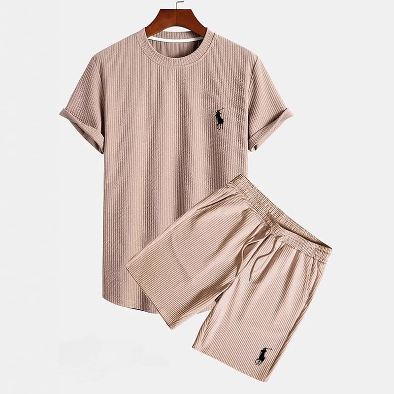 Cross-border Men's Fashion 2025 Amazon Summer New Striped Crew Neck Short Sleeve Set Solid Color Two-Piece Set