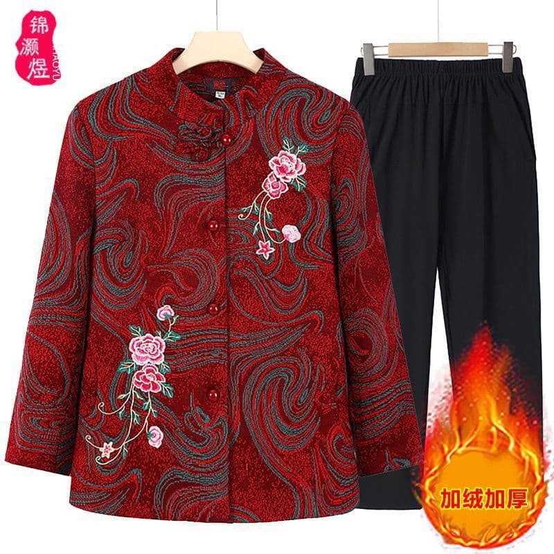 Elderly Women's Coat Grandma Outfit Two-Piece Set, Vintage Style Fleece-Lined Top for Older Mothers, Autumn/Winter Season