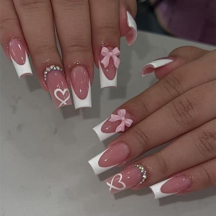 Cross-border Hot Selling Wearable Nails Heart Bowknot French Medium-Long Nail Shape Stickers 24 Pieces False Nails Wholesale