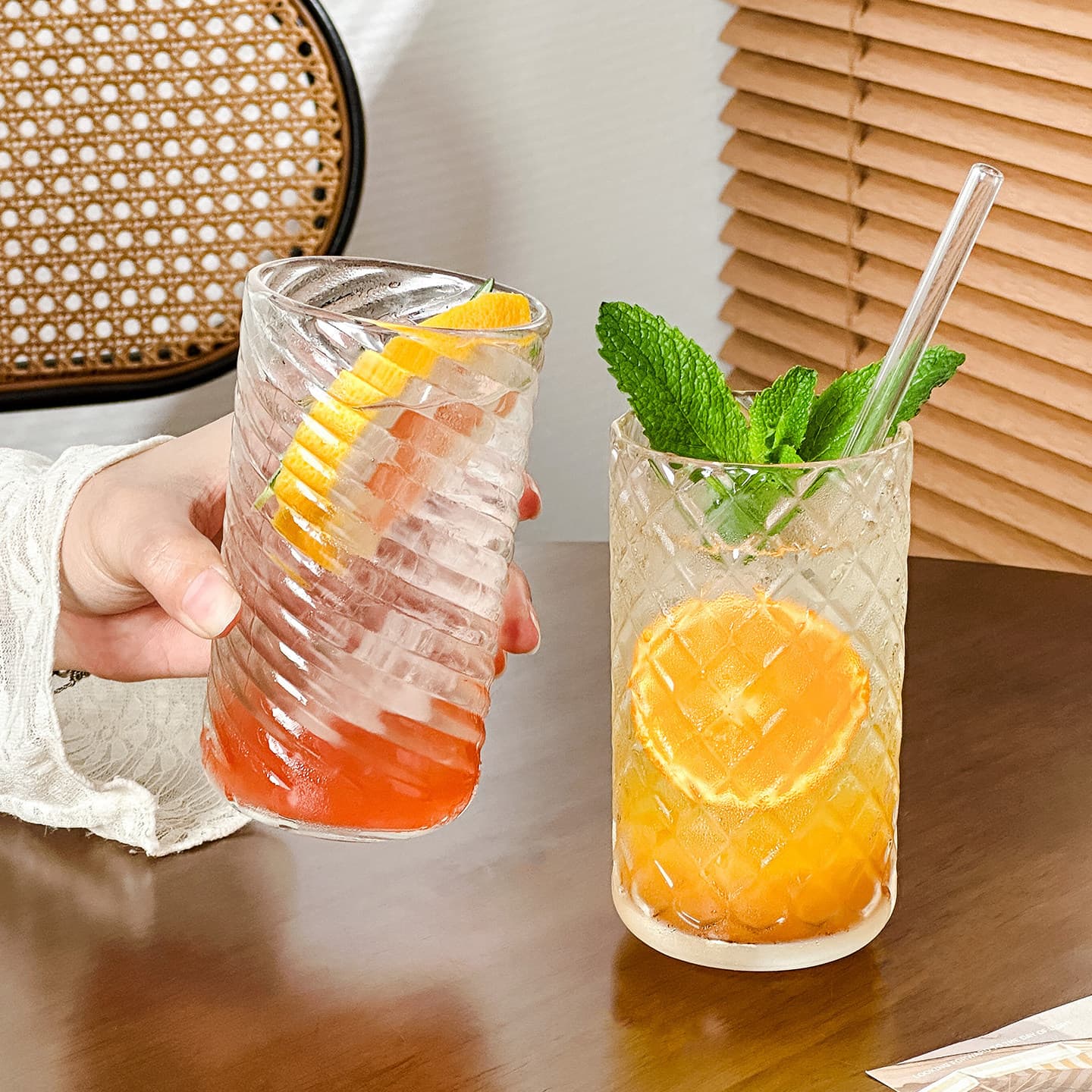 Cross-border Threaded Glass Cup Fruit Tea Cup Glass Water Cup Iced American Coffee Cup Juice Cup Cold Drink Beverage Cup