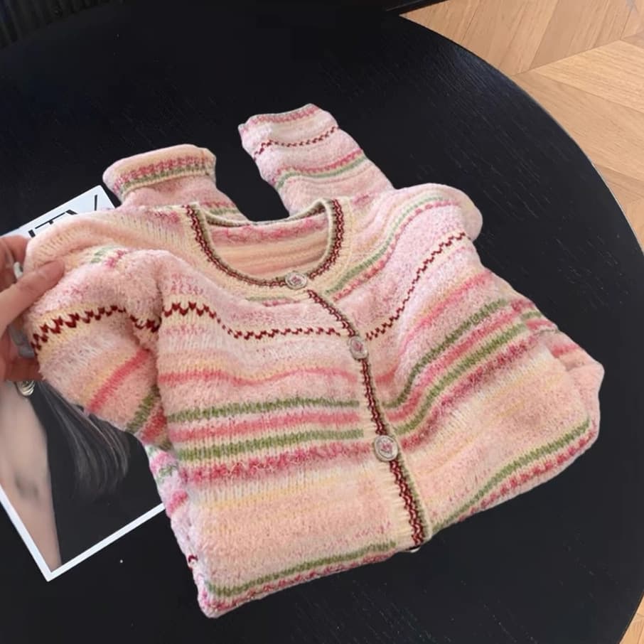 Dalang Custom Sweater: Little Fragrance Style Sweet Striped Knit Cardigan for Women, Autumn/Winter Lazy Soft Cozy Outerwear Top