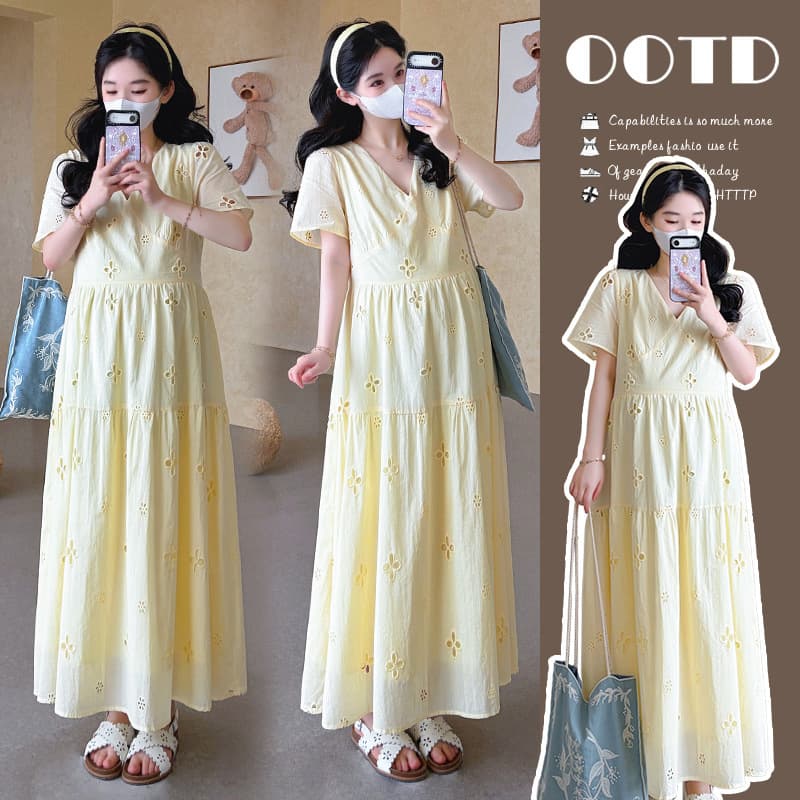 Maternity Dress Summer Fashion New Style Elegant Long V-Neck Heavy Embroidery French Style Pregnancy Dress