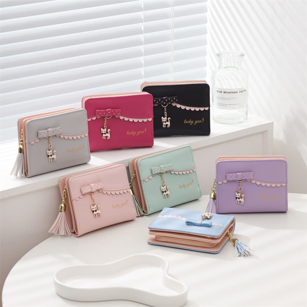 Cross-border Taobao Hot Selling Women's Short Wallet Foldable Small Fresh Bowknot Kitten Pendant Student Purse In Stock