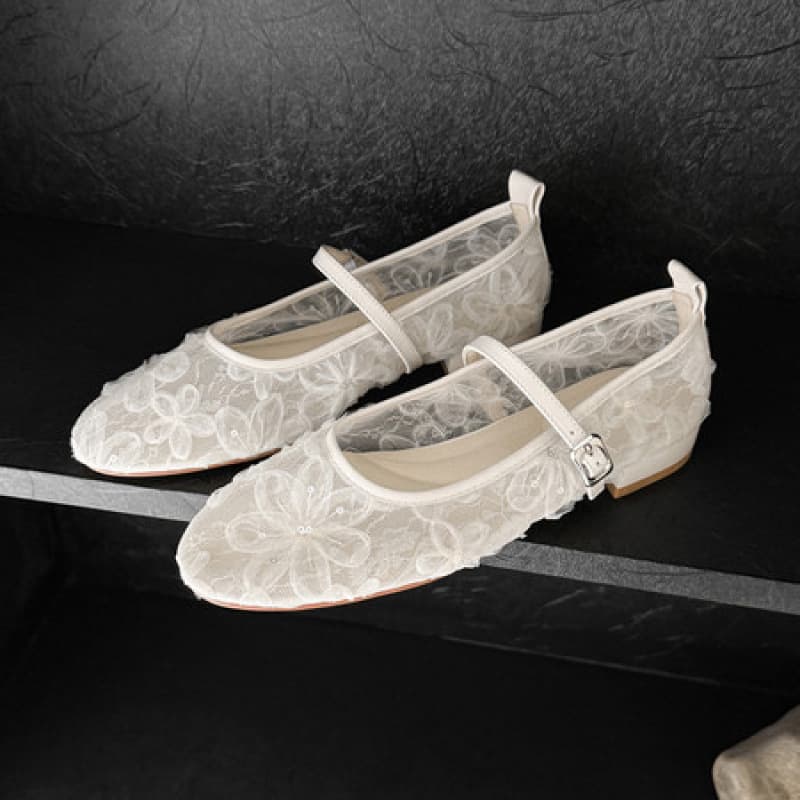 Leather Version ~ French Hollow Lace Flat Shoes for Women 2026 New Fairy Style with Skirt Shallow Ballet Flats