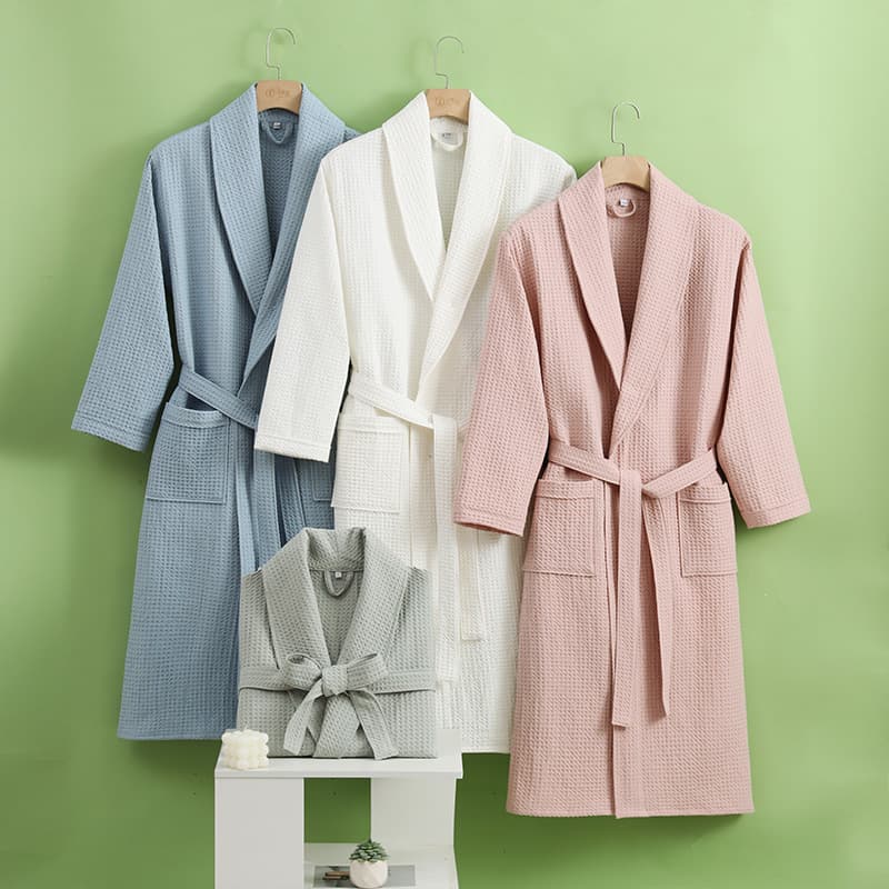 New cross-border pure cotton bathrobe, long waffle knit style, suitable for spring, autumn and summer, perfect for homestays and hotels, all-cotton couple absorbent sleeping robe.