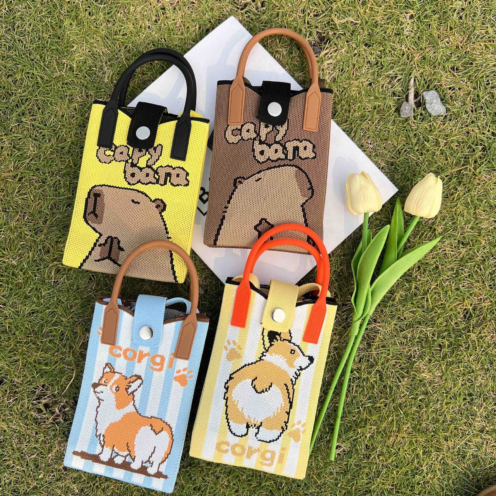 New capybara knitted phone bag, fashionable trendy versatile cute cartoon single shoulder bag, hand carry crossbody bag