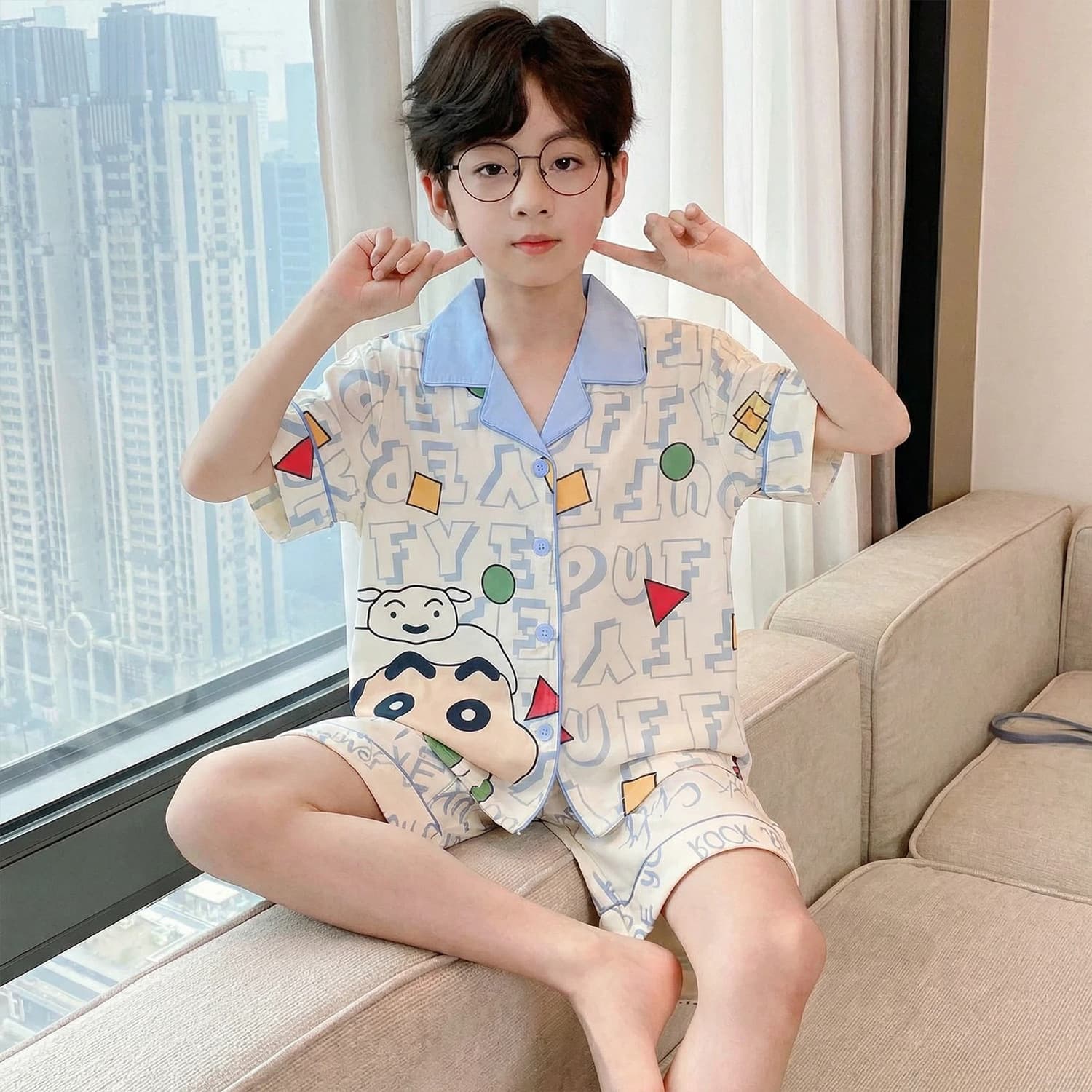 Korean-style boys' pajamas, 2026 summer new short-sleeve cloud cotton thin style, home and air-conditioning wear for middle and older children