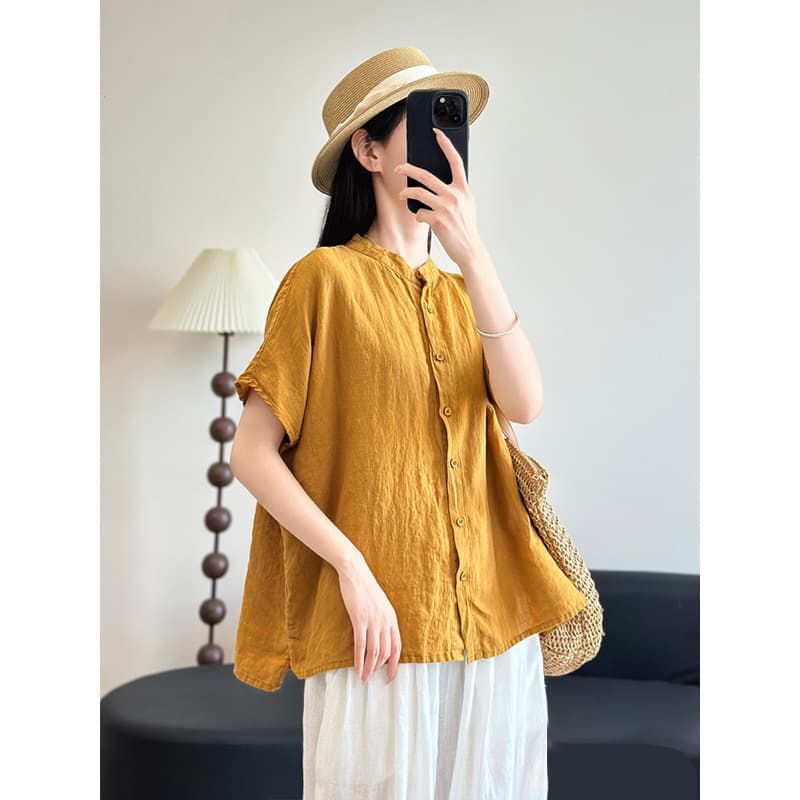 Literary casual loose versatile shirt for women summer thin retro cotton and linen solid color short-sleeved shirt cardigan top