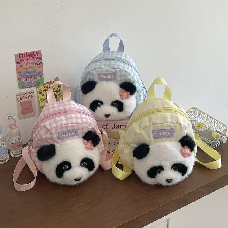 Panda Head Children's Backpack for Boys and Girls, Fashionable Lightweight Nylon Cute Plush Backpack, Kindergarten Elementary School Student Bag