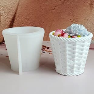 S1484 Woven Basket Candle Cup Decorative Cement Plaster Mold DIY Silicone Mold