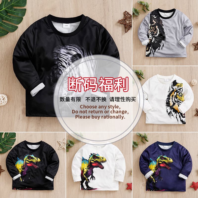Boys' Top Spring and Autumn Boys Baby Long Sleeve Sweatshirt Tiger Tyrannosaurus Print Cross-border Toddler Clothes European and American Style