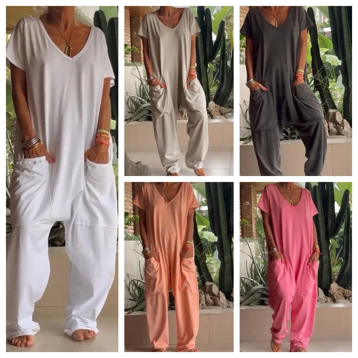 2024 European and American Cross-Border Summer Women's Solid Color V-Neck Oversized Pocket Jumpsuit