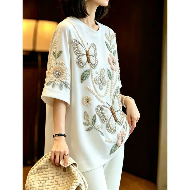 2026 Summer New French Style Butterfly Flower Short Sleeve T-Shirt for Women, High-End Round Neck Loose Fit with Beaded Embellishment Top