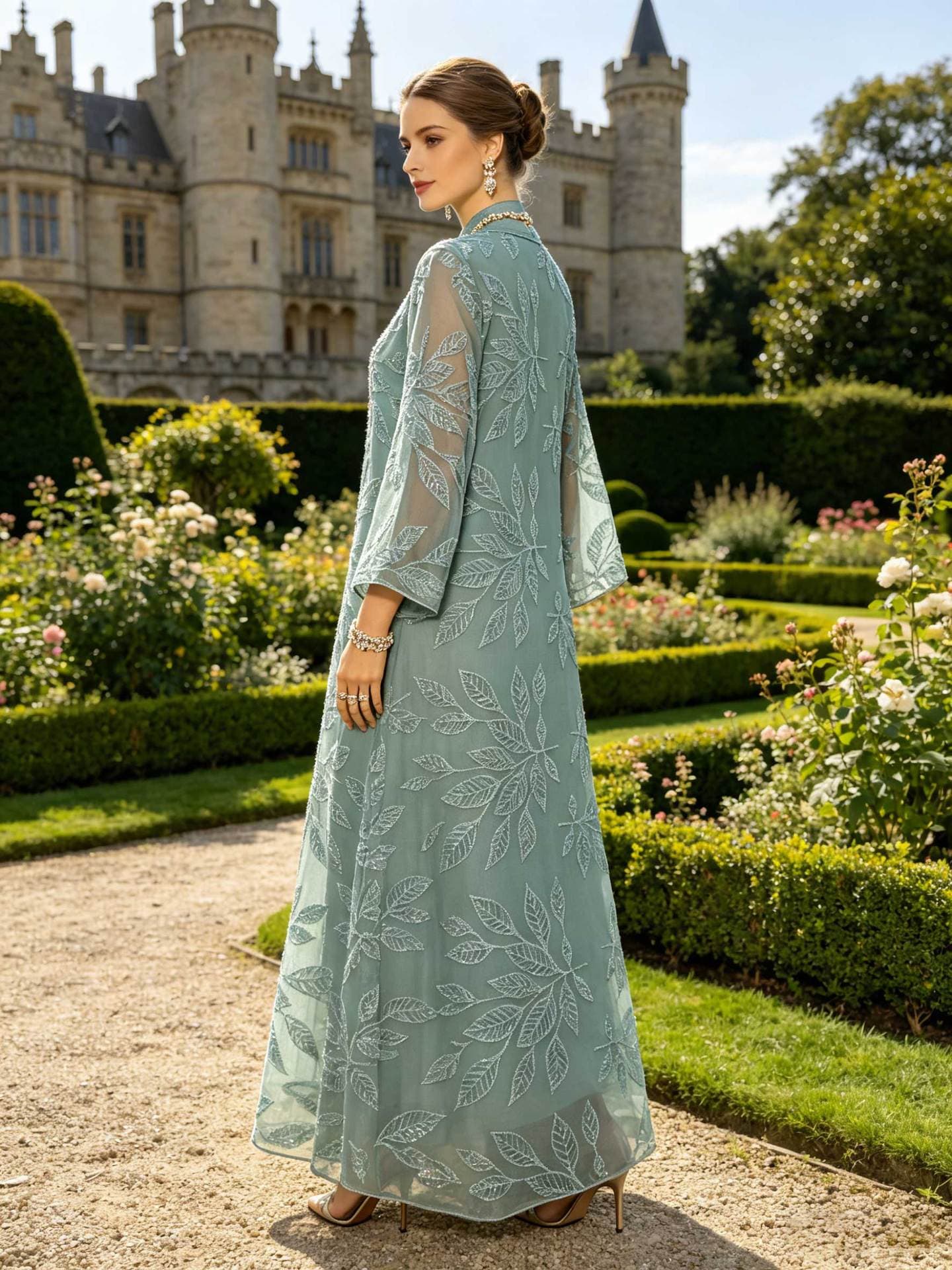 Ethnic Style Women's Cross-Border E-commerce Cover-Up, Fashionable and Elegant Sequin Embroidered Leaf Pattern Tulle Embroidered Women's Robe Long Dress