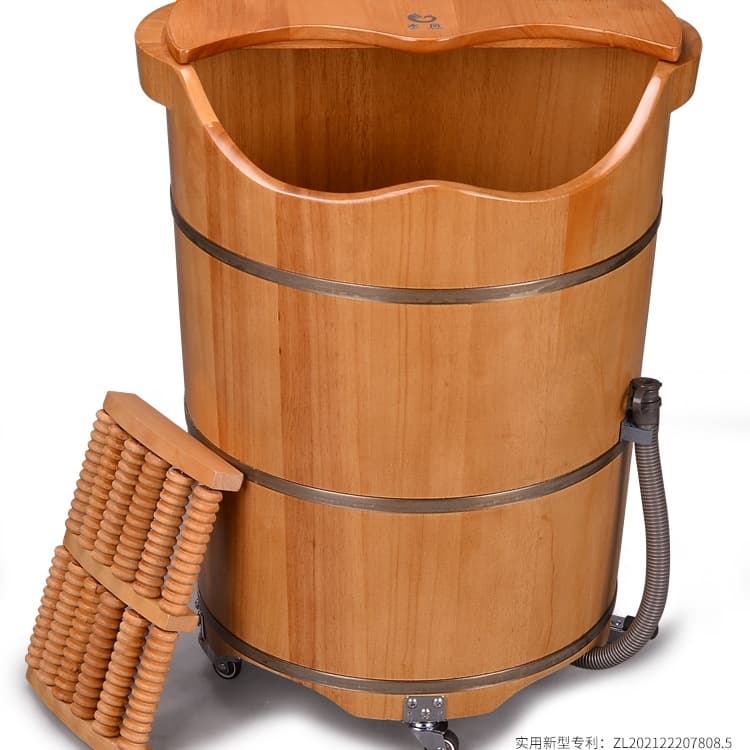 Above Calf Foot Soaking Bucket with Drain, Oak Wood Foot Bath Basin on Wheels, Deep Home Use Tub
